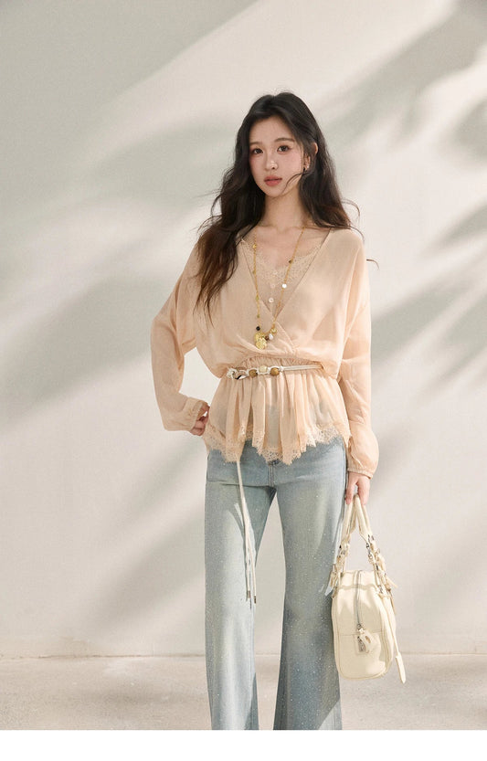 Women's French Style Beige Sheer Chiffon Blouse V Neck Lace Trim Elastic Waist Peplum Top For Spring Summer MXF16T1588