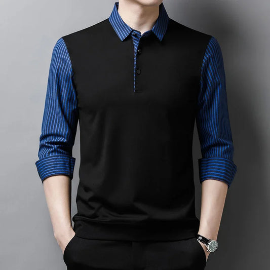 New Men's Casual and Fashionable Long Sleeved POLO Shirt with Contrasting Print Anti Wrinkle Top