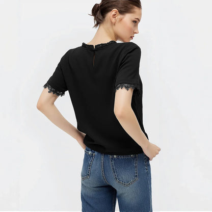 Women's T-Shirt 2026 Summer New Round Neck Lace Patchwork Women's Tee Shirt Solid Color Elegant Short Sleeve Top 12642068