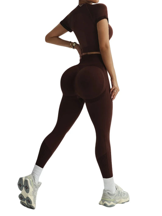 2Pcs Women's Sturdy Activewear Set, Breathable Waistless Short Sleeves and High Waist Pants, Yoga Gym Workout for Running,