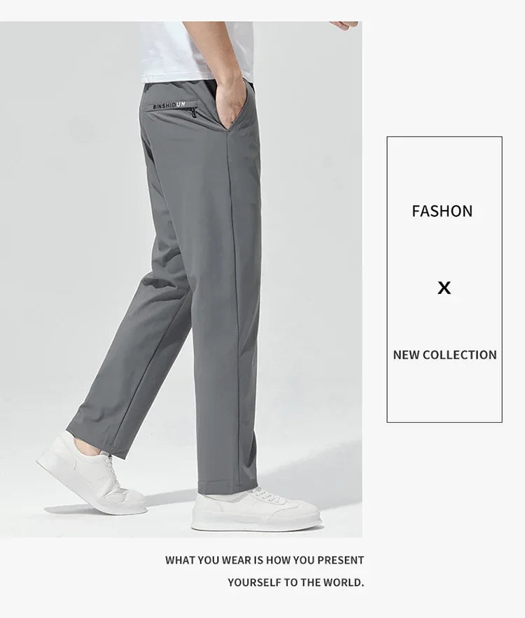 Korean Street Summer Y2K Men's Ice Silk Casual Pants All Match Elastic Sweatpants Office Business Fashion Straight Suit Trousers