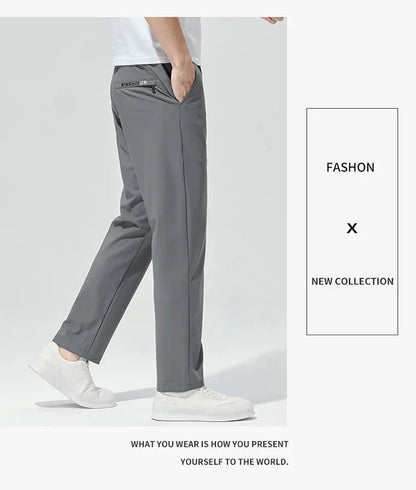 Korean Street Summer Y2K Men's Ice Silk Casual Pants All Match Elastic Sweatpants Office Business Fashion Straight Suit Trousers