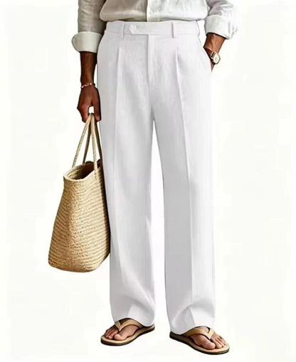 Men's Linen Summer Beach Trousers Casual Dress Pants Elastic Waist Pleated Loose Fit Lightweight Yoga Vacation Lounge Pants