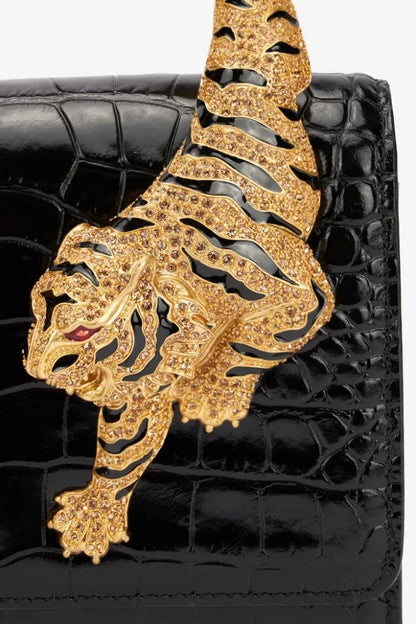 Roar Croc Embossed Handbag Women Genuine Crocodile Scale-effect Leather Signature Tiger Motif Crystal Embellishment Shoulder Bag