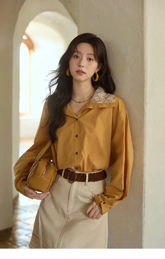 Autumn Solid Cotton Shirt Autumn V-neck Double-layer Lace Retro Design Shirts Single Breasted Tops Office Lady MXE41C2366