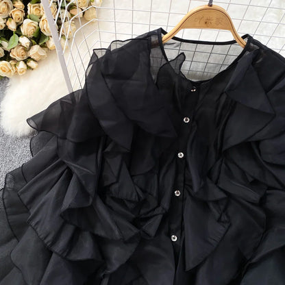 Autumn Blouse for Women Fashion O-neck Long Puff Sleeve Flounced Edge Shirts French Chic Versatile Female Tops Dropshipping