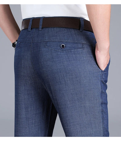 Fabric 2026  Spring Summer Men's Black Thin Straight Jeans Classic Style Business Fashion Stretch Loose Jeans Male Brand