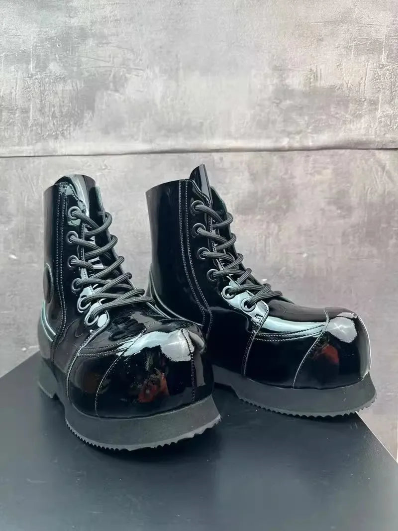 High Street Mens Round Tote High Top Cowhide Genuine Leather Ankle Boots Punk Style Stage Show Shoes Platform Work Safty Shoes