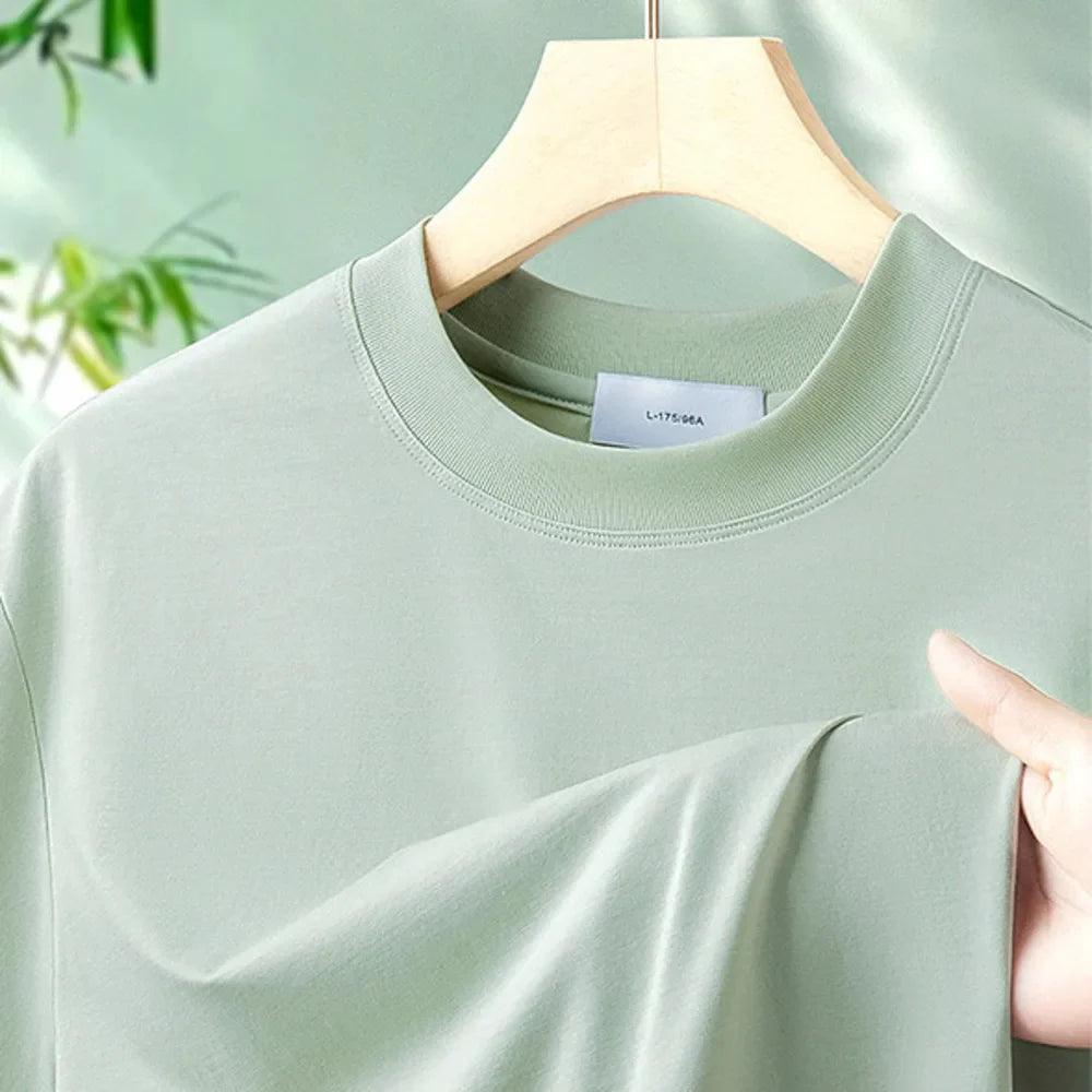 64% Cotton 25% Bamboo Fiber Cool T Shirt Men Short Sleeve Summer Tops For Men Round Neck Skin Friendly Solid Color Male Clothes