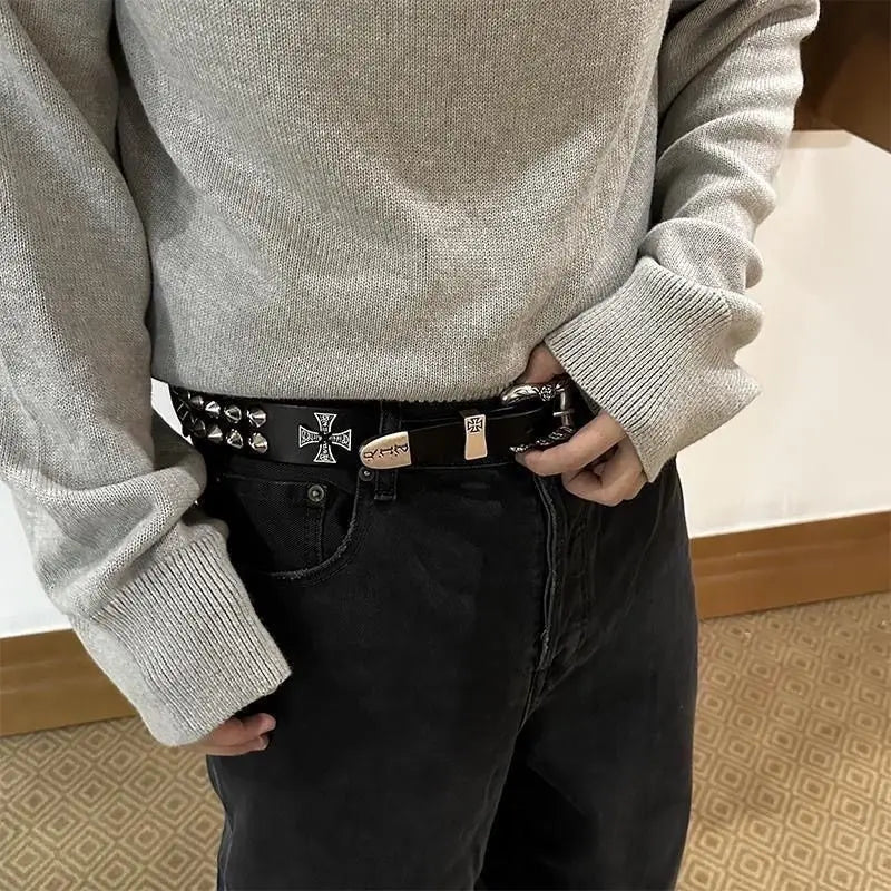 Punk New Gothic Y2K Women Men Belts Luxury Brand Goth Ladies Hip Hop Punk Rivet Skeleton Print Waist Belt Jeans Waistband