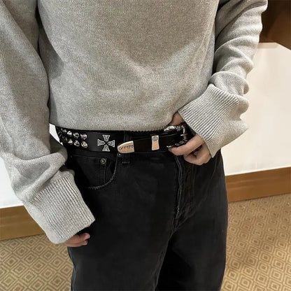 Punk New Gothic Y2K Women Men Belts Luxury Brand Goth Ladies Hip Hop Punk Rivet Skeleton Print Waist Belt Jeans Waistband