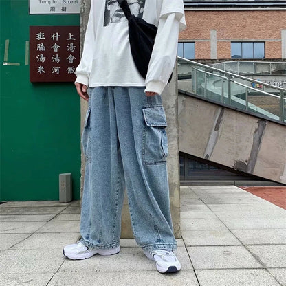 Baggy Jeans Men's Oversize Streetwear Fashion Wide Leg Cargo Pants Hip Hop Harajuku Multi-Pocket Denim Trousers Black Blue
