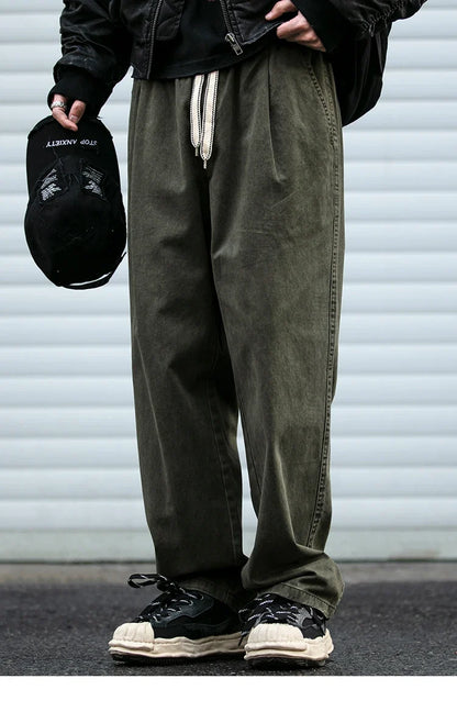 Spring Summer Cargo Pants Men Cotton Enzyme Wash Distressed Loose Fit Straight Leg Khaki Drawstring Elastic Waist Casual Pants