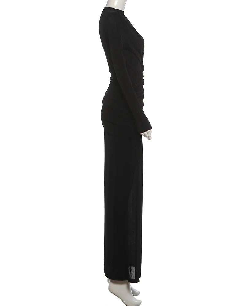 Folds Maxi Dress Women o-Neck Full Sleeve Solid Banquet Elegant Vacation Fashion Autumn Skinny Casual Simple Vestidos