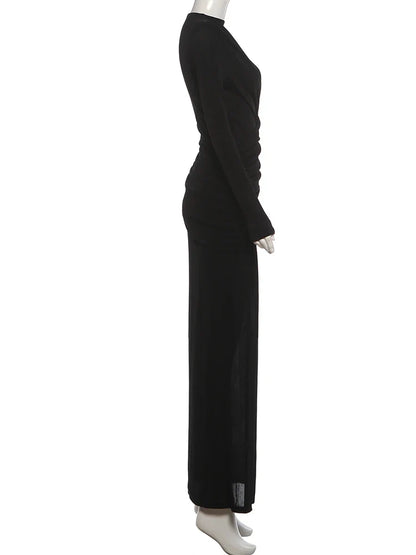 Folds Maxi Dress Women o-Neck Full Sleeve Solid Banquet Elegant Vacation Fashion Autumn Skinny Casual Simple Vestidos