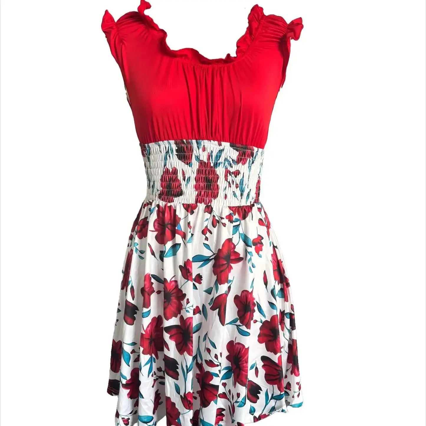 Summer new V-neck slim fit elastic waist women's dress with floral patchwork design, suitable for beach vacations