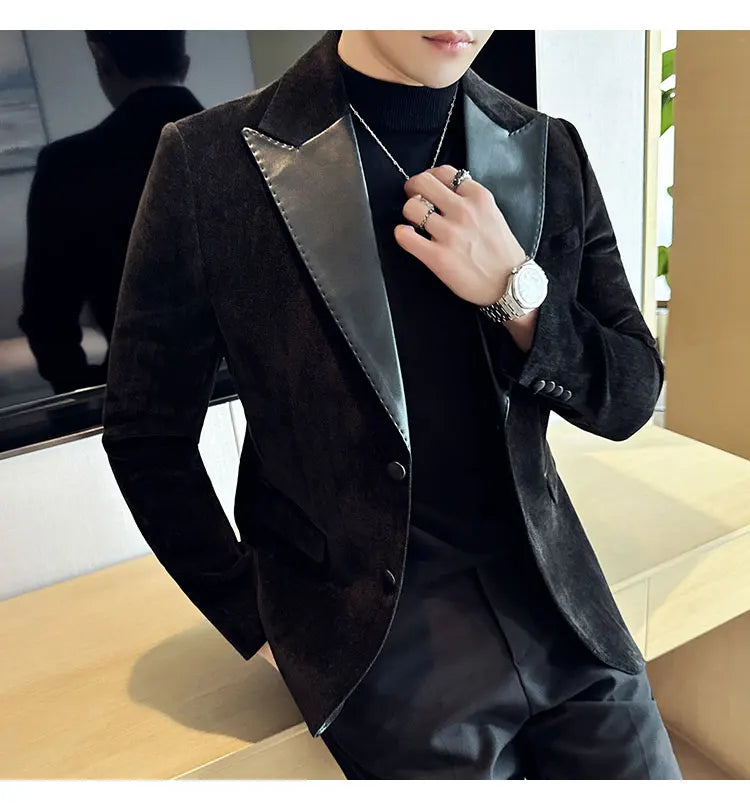 Splicing Leather Neck Fashion Suit Jacket Luxury Men's Business Slim Fit Social Formal Blazers Coats Wedding Groom Tuxedos 5XL-M