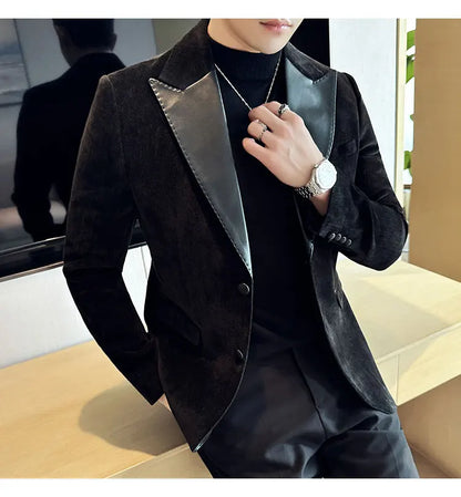 Splicing Leather Neck Fashion Suit Jacket Luxury Men's Business Slim Fit Social Formal Blazers Coats Wedding Groom Tuxedos 5XL-M
