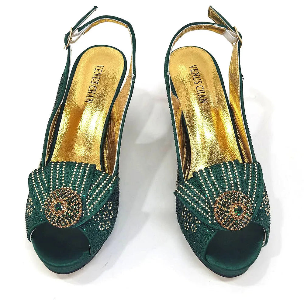 2024 Italian Design Girly Style Golden Color Wedding Shoes And Bag Full Diamond Decoration Metal Closure Bags