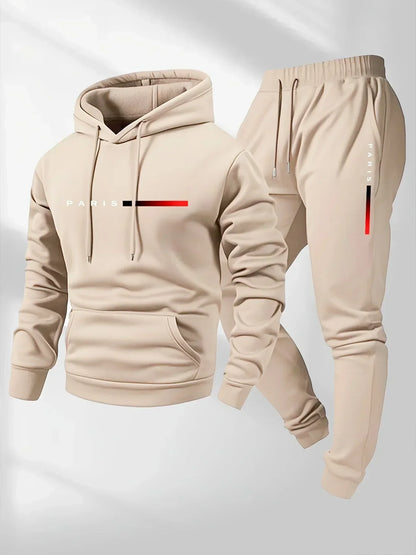 PARIS Letter Print Sweatshirt Suit Men's Fleece Hoodie Pants Set Spring Autumn Winter Warm Casual Sports Pullover Trousers Sets