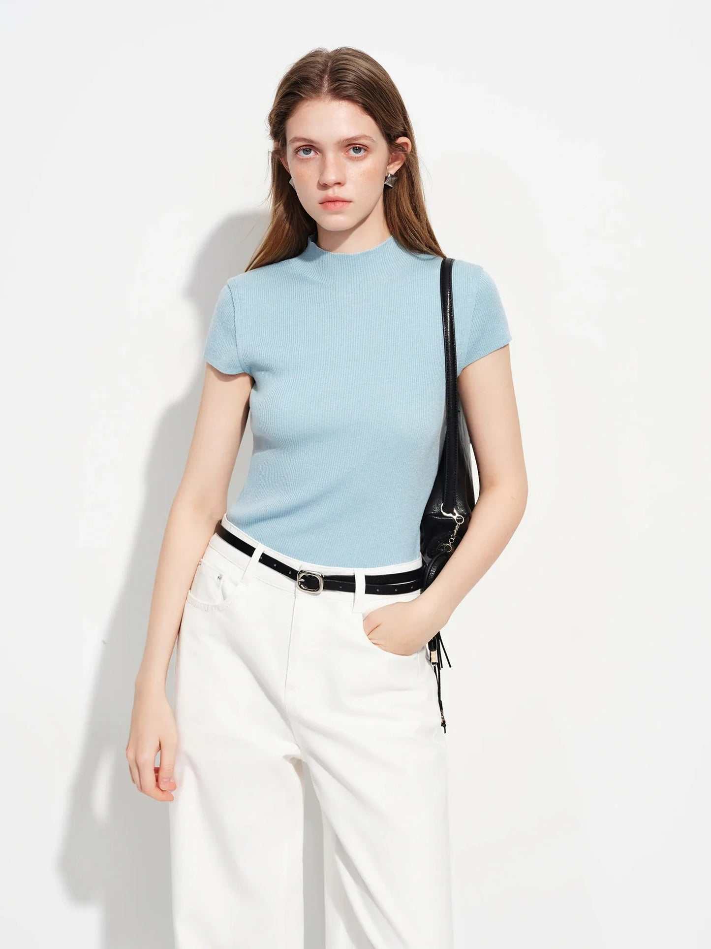 2026 Spring Women's Semi-High Neck Solid Wool Knit Sweater - Slim Fit Short Sleeve Simple Top for Casual Office Wear