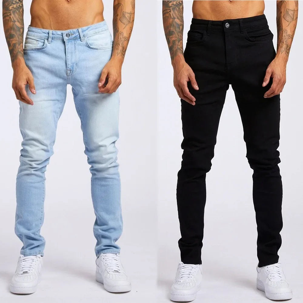 2025 New Solid Color Fashion Men Casual Pants Stretch Jeans Skinny Work Trousers Male Wash Slim Fit for Zippered Jeans Men Cloth