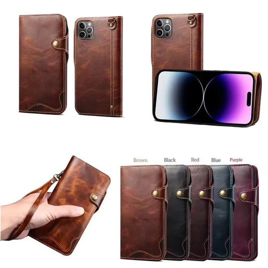 Genuine Leather Wallet Phone Case for iPhone 14 15 Plus 12 13 Pro Max 11 XS XR 6S 7 8 SE Holder Cover With Hand Strap