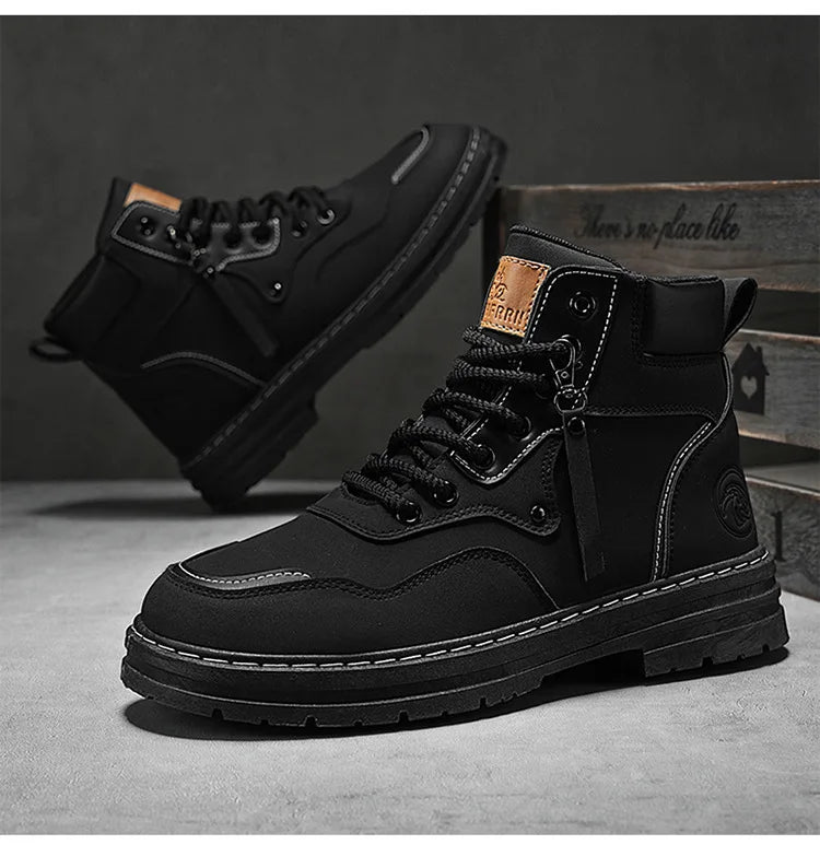 Men Boots  Autumn High Top British Korean Thick Soled Platform Comfortable Non Slip Short Boots Outdoor Lace Up Cotton Boots 202