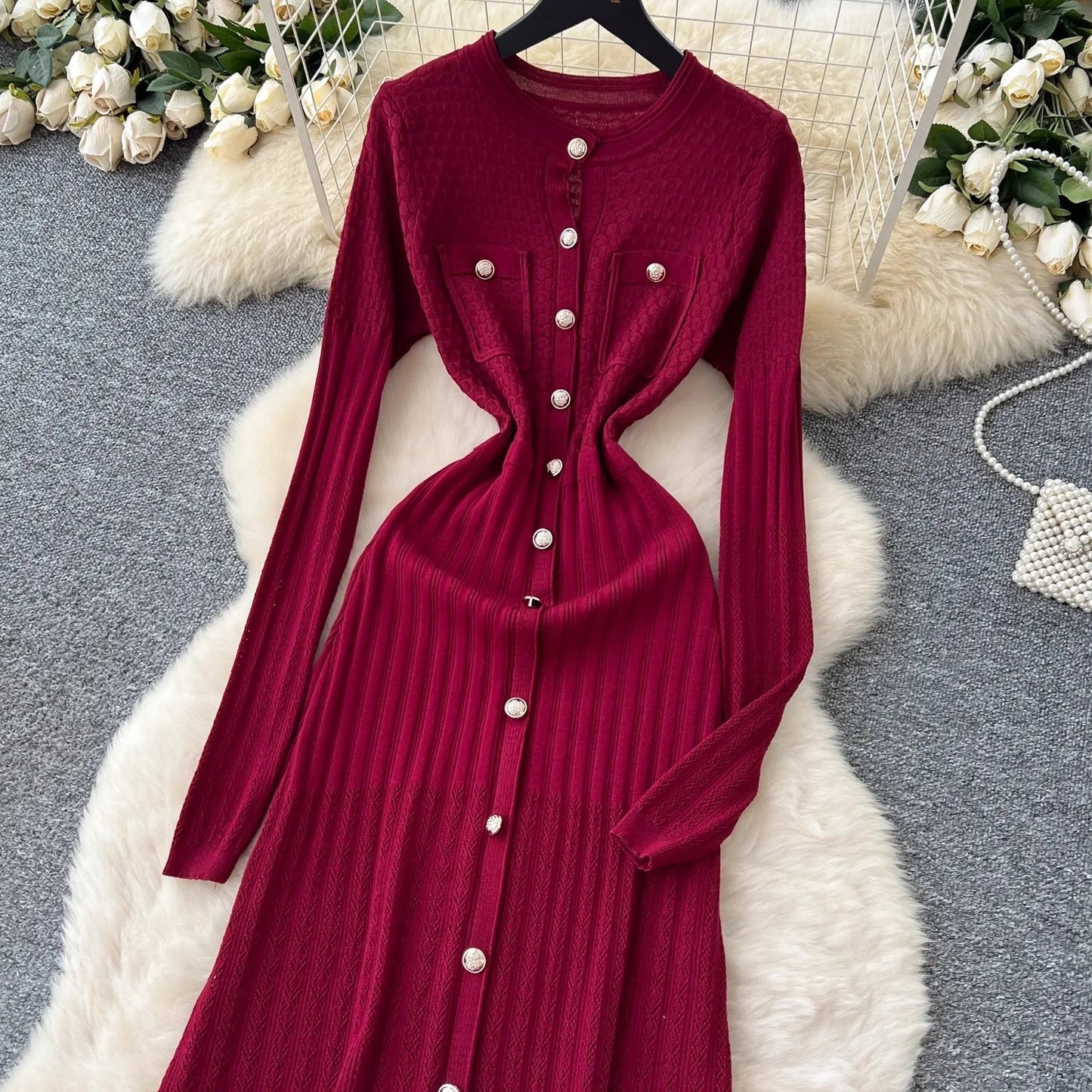 Brand Fashion Aesthetic Patchwork Knitted Maxi Dress Autumn Winter Women Luxury Shirt Sweater Dress Office Lady Vestido