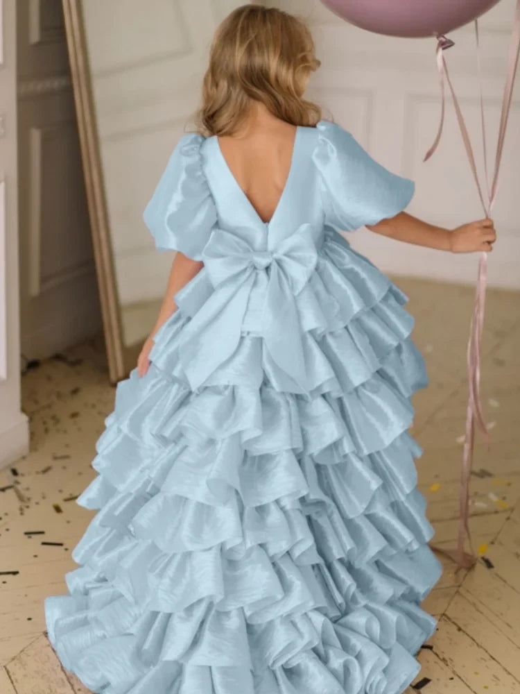 Customized Flower Girl Dresses Beige Tiered With Bow And Tailing Short Sleeve For Wedding Birthday Party Holy Communion Gowns