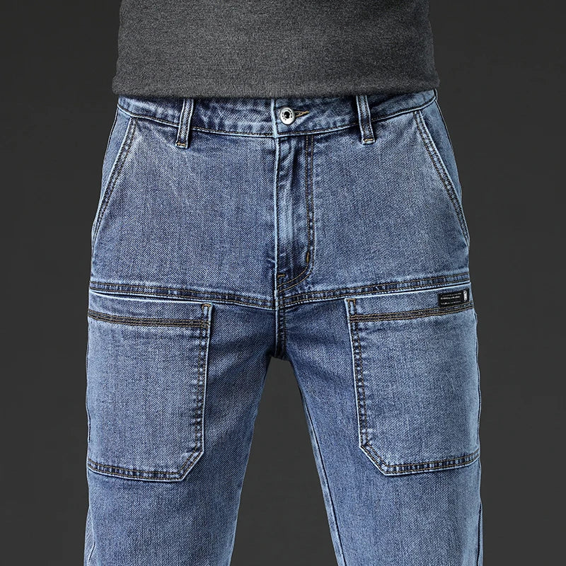 6 Pocket Design Denim Jeans Men's 2025 New High Elasticity Denim Casual Trousers Straight Male Pants Fashion Mid-waist Jeans