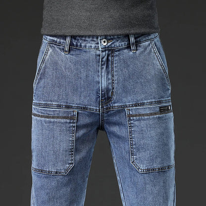 6 Pocket Design Denim Jeans Men's 2025 New High Elasticity Denim Casual Trousers Straight Male Pants Fashion Mid-waist Jeans