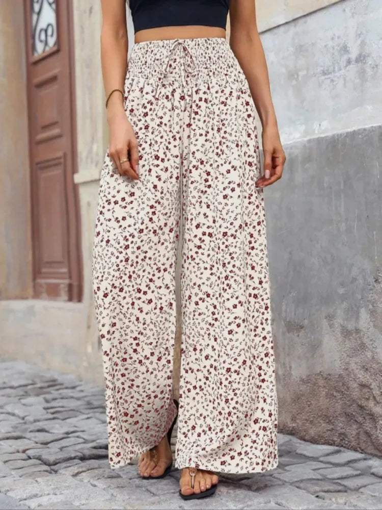 Women Fashion Plus Size 1XL-5XL Floral Print Wide Leg Pants Female Casual  Elegant Drawstring High Waisted Loose Long Trousers