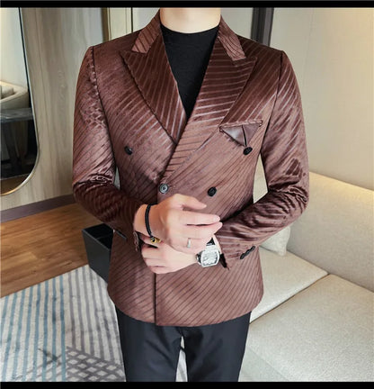 British Style Luxury Men Double Breasted Twill Suit Jacket High Quality Fashion Business Slim Fit Groom Social Party Suit Dress