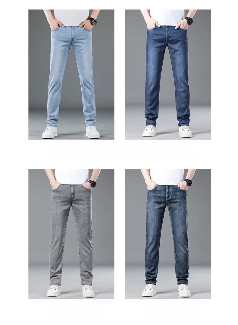 New Men's Thin Lyocell Jeans Soft Business Stretch Fashion Trousers Slim Brand Casual Elasticity Denim Pants Male Clothes
