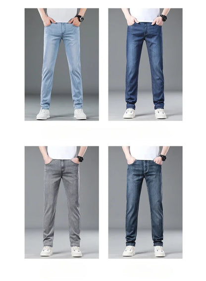 New Men's Thin Lyocell Jeans Soft Business Stretch Fashion Trousers Slim Brand Casual Elasticity Denim Pants Male Clothes