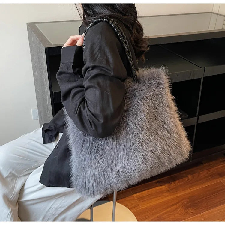Fashion Women Furry Shoulder Bag Large Capacity Tote Handle Bag for Autumn Winter Outing Commuter Texture Versatile Storage Bags