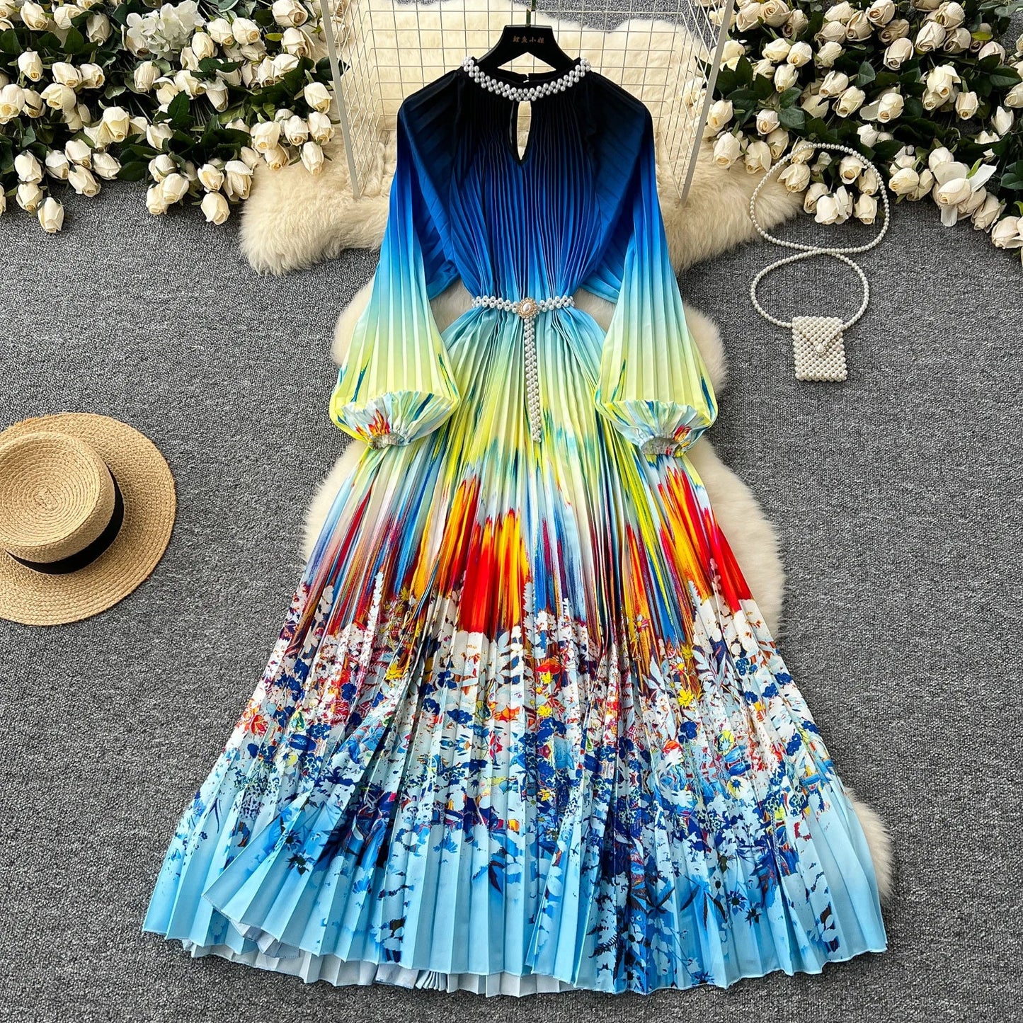Ele High-End Women's Dr Faionable Beaded round Ne Hollow out Pleated Lantern Sve Waist Cinched Floral Print Lon...