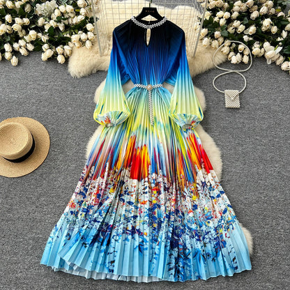 Ele High-End Women's Dr Faionable Beaded round Ne Hollow out Pleated Lantern Sve Waist Cinched Floral Print Lon...