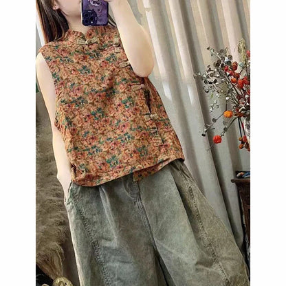 Summer Arts Style Women Sleeveless Single Breasted Loose Vest Vintage Floral Print Cotton Linen Vests Coats High Quality TY89