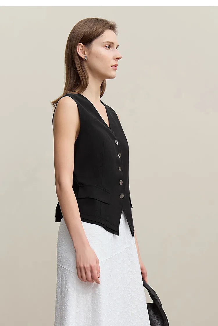 V-Neck Women's Vest Top 2026 Summer New Single Breasted Chiffon Patchwork Hem Sleeveless Blouse Casual Short Tank 12622042
