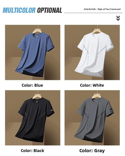 Ice Silk Men's T-Shirt Quick Dry Thin Short Sleeve Breathable Half Sleeve Large Size Casual Sporty Trendy round Neck Short Sl...