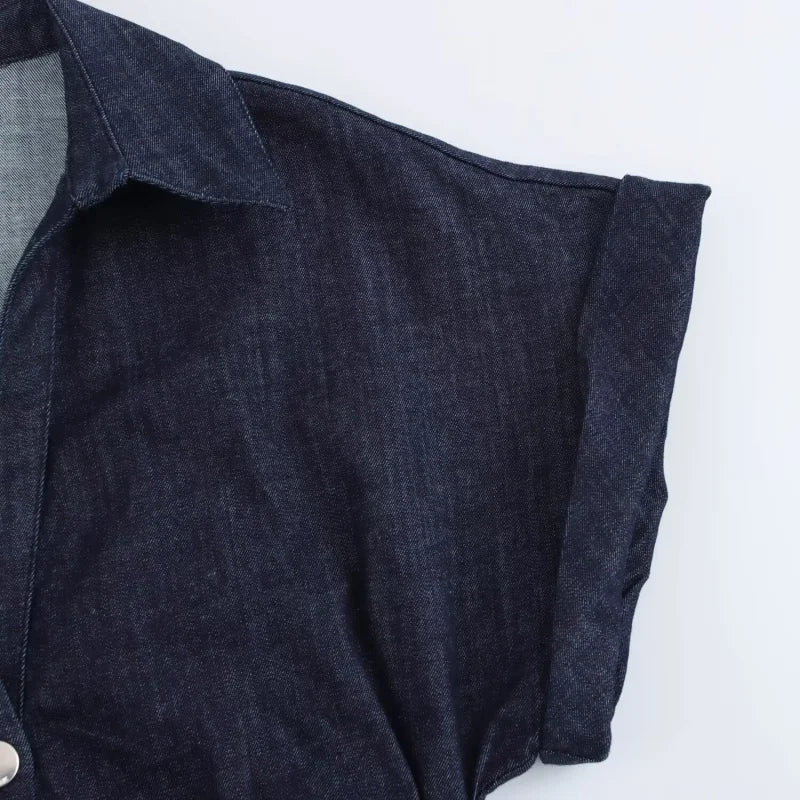 2025  Spring New 1975 series denim MIDI dress with lapel side zipper fashion wrinkle waist slim elegant dress