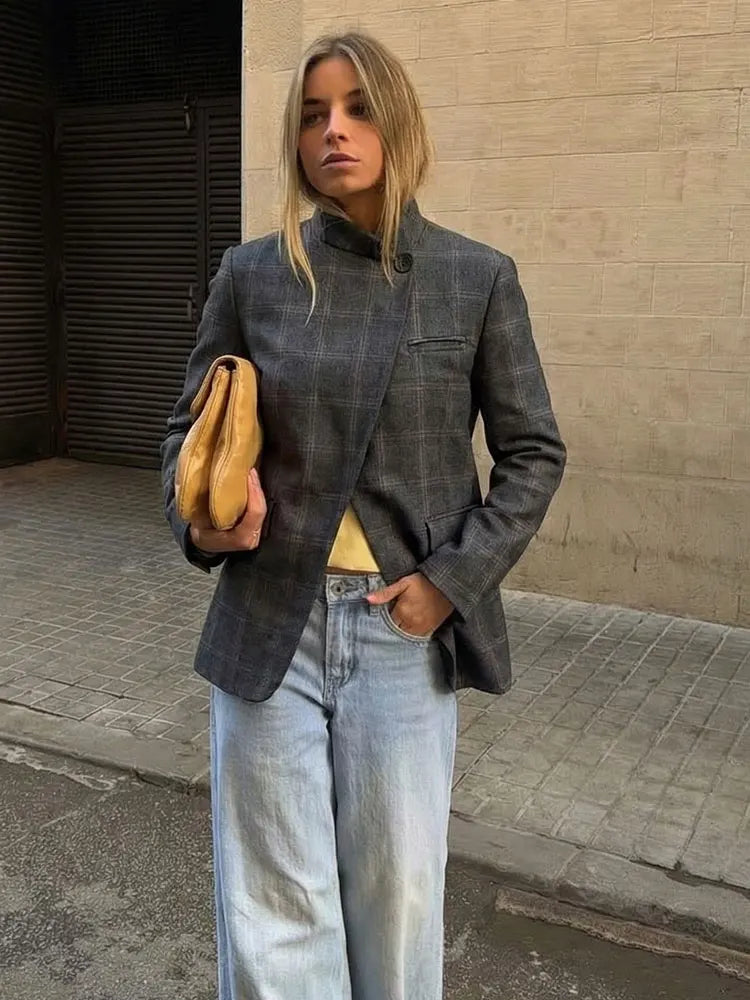 2026 Spring Blazer For Women Fashion Plaid Suit Coat Stand Collar Single Button Long Sleeve Jacket Female Fashion Streetwear