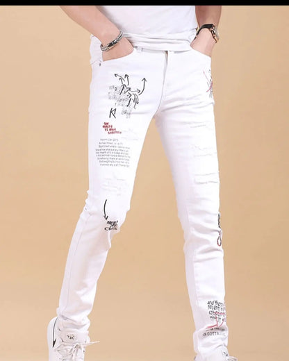 Harajuku Korean Luxury Clothing Men's White Slim Jeans with Printed Ripped Holes Autumn Hip Hop Distressed Cotton Trousers Male