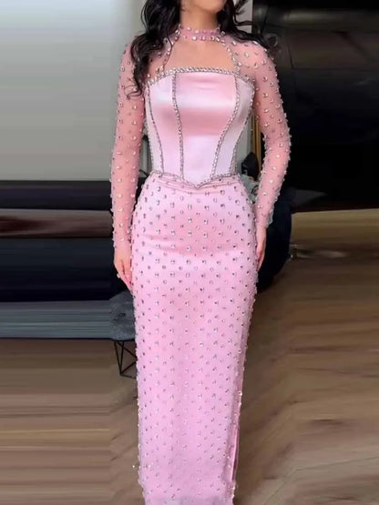 Glitz and Glam Women's Evening Ball Gowns Satin Sheath/Column Prom Dress High Collar Rhinestones/Crystals Bespoke Occasion Dress