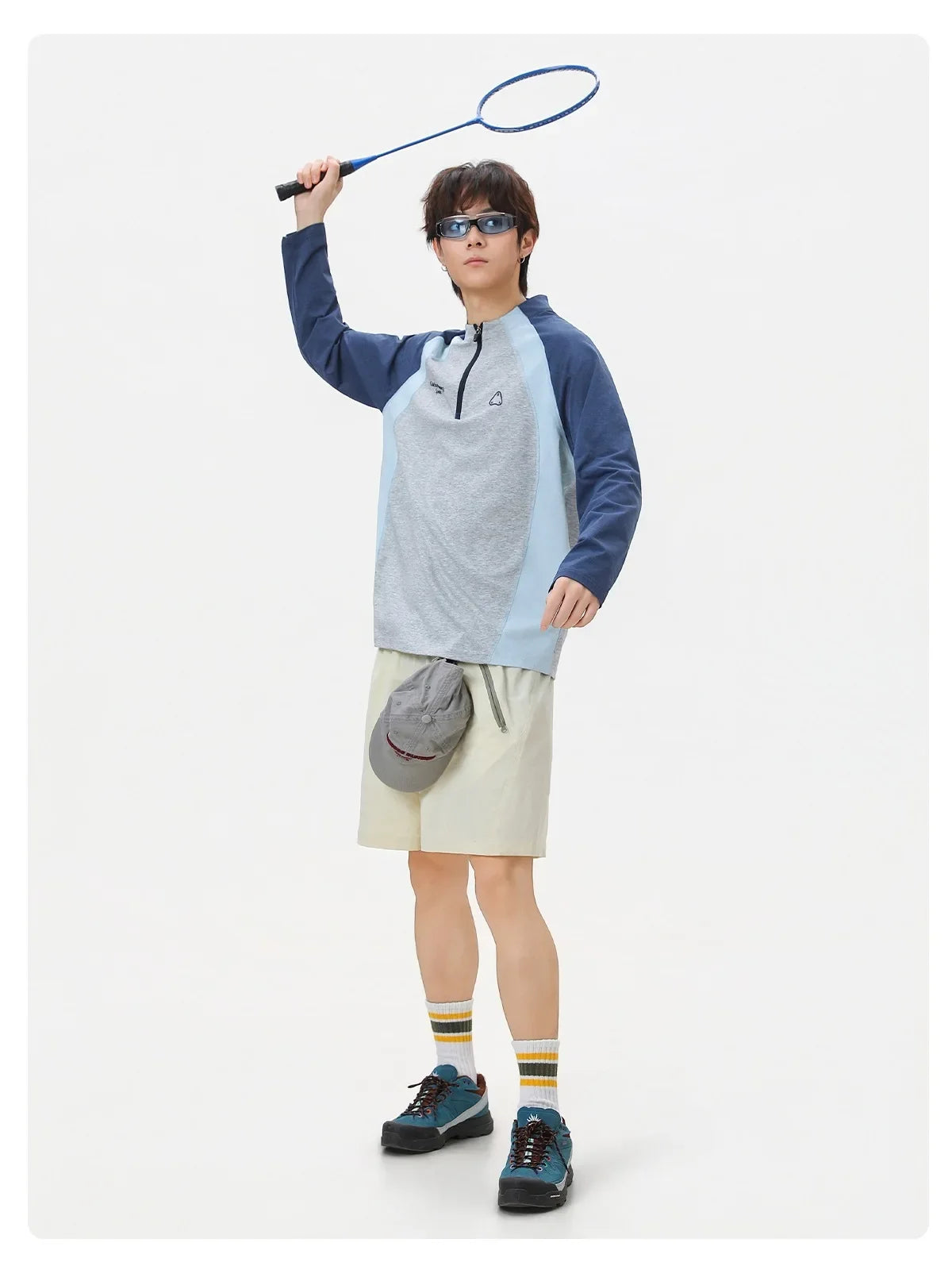 Men's Retro Colorblock Raglan Sleeve Long Sleeve T-Shirt – Loose Fit Half-Zip Athletic Top with Moisture-Wicking Fabric