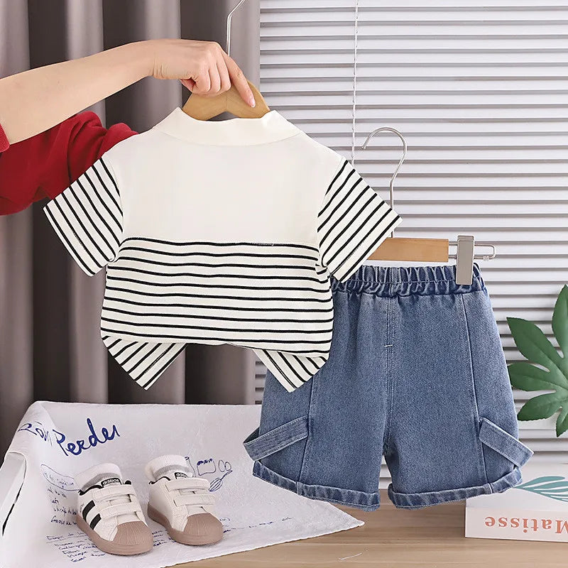 Summer Clothing Sets Fashion Baby Boys Infant Clothes Suits Toddler Infant Kids Striped Cartoon Polo Tshirt+ Denim Shorts Suits
