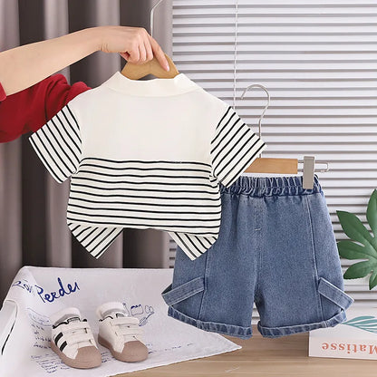 Summer Clothing Sets Fashion Baby Boys Infant Clothes Suits Toddler Infant Kids Striped Cartoon Polo Tshirt+ Denim Shorts Suits
