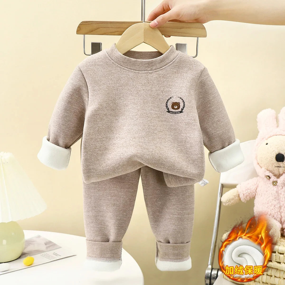 New Children's Warm Underwear Set Boys and Girls Winter Cartoon Plus Velvet Thick Round Neck Sleepwear 2PCS Set